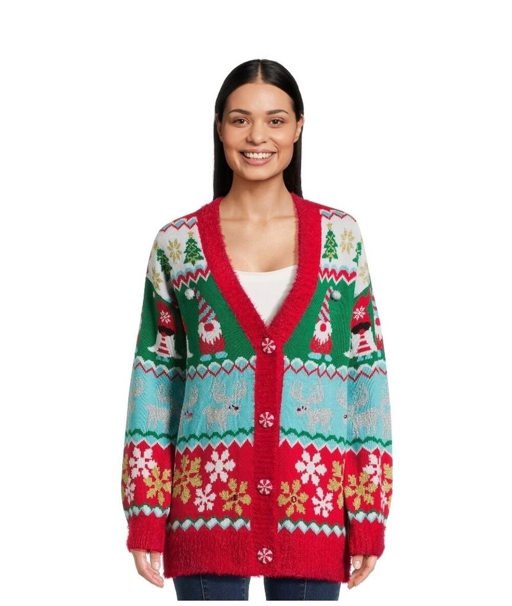 Holiday Time Women's M 8-10 Gnome Ugly Christmas Sweater Cardigan